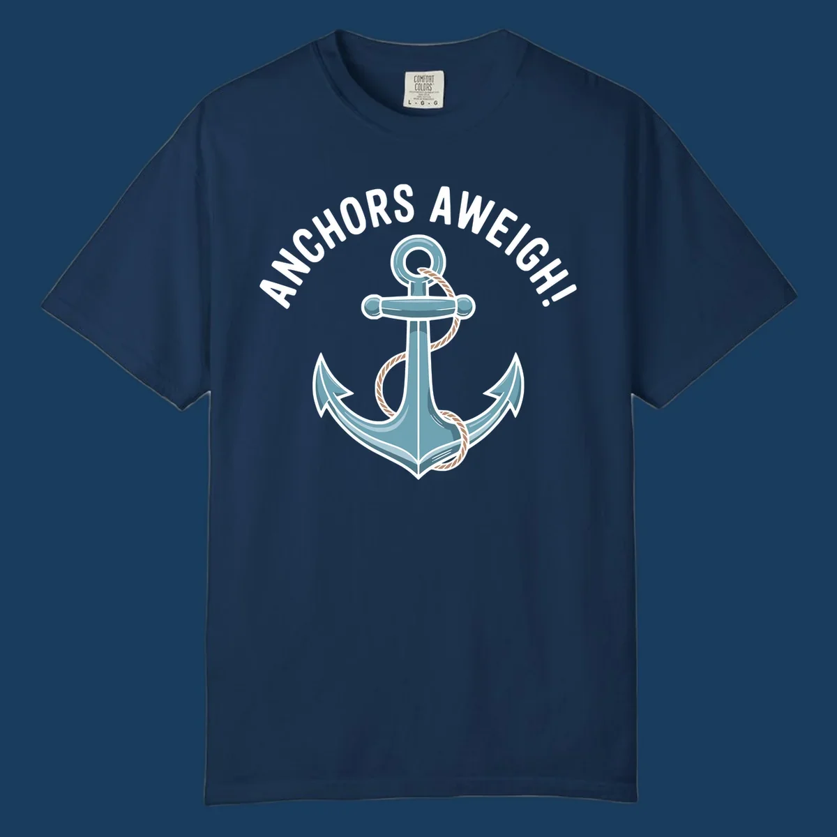 Anchors aweigh cruise design with anchor and rope graphic and text.