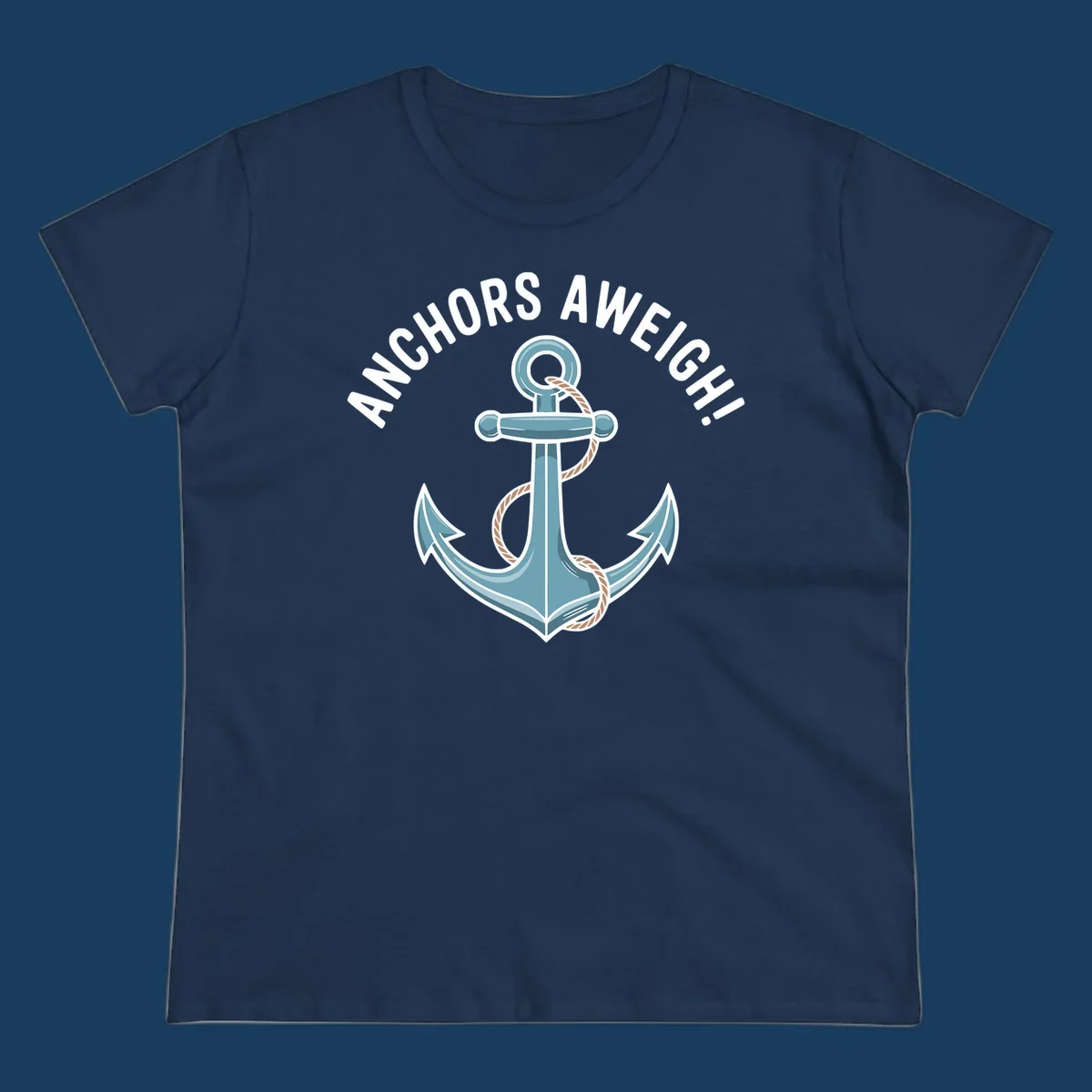 Anchors aweigh cruise design with anchor and rope graphic and text.