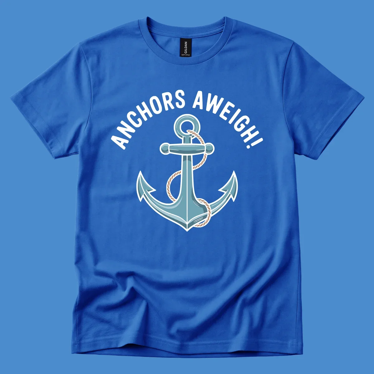 Anchors aweigh cruise design with anchor and rope graphic and text.
