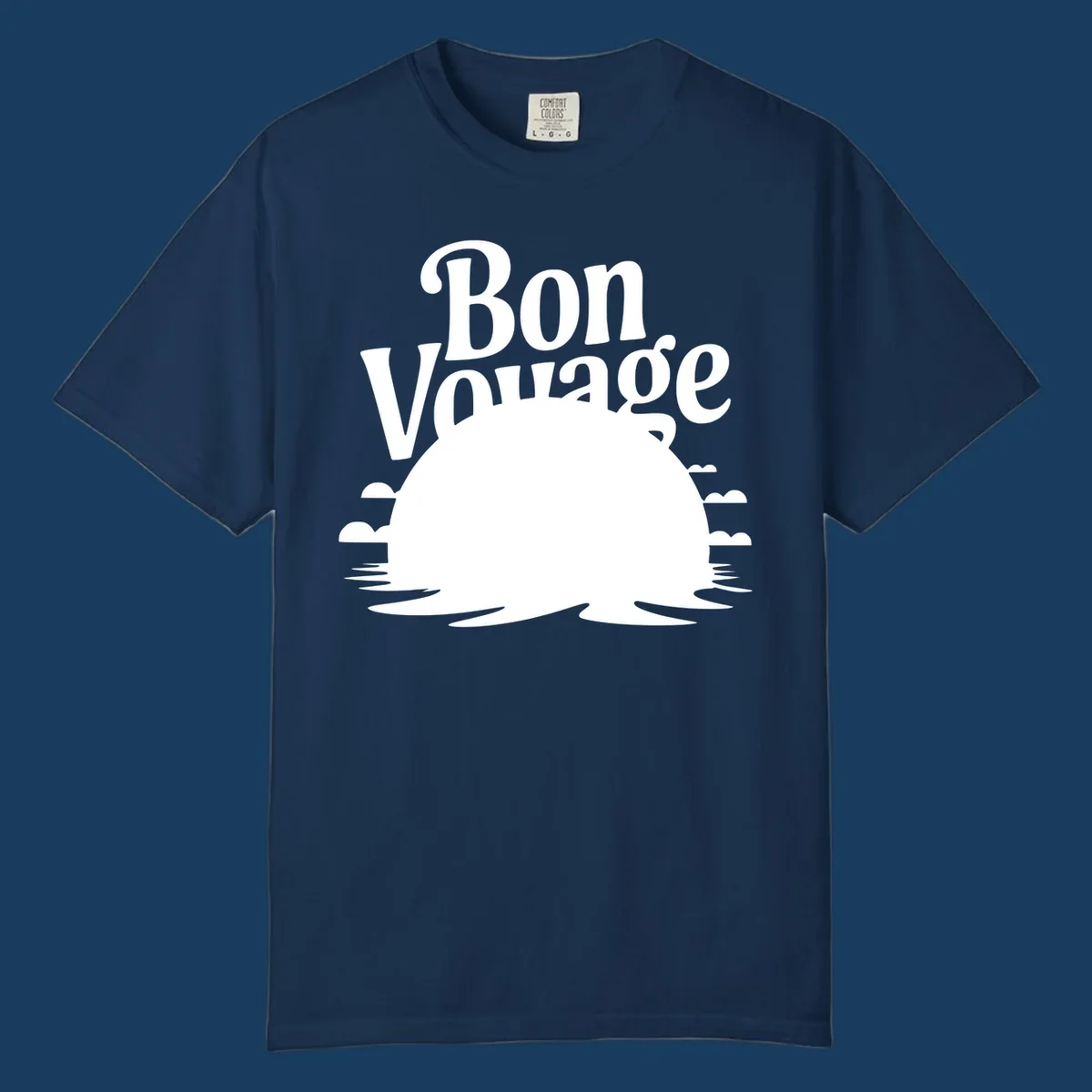 Bon Voyage cruise ship sailing into a sunset illustration.