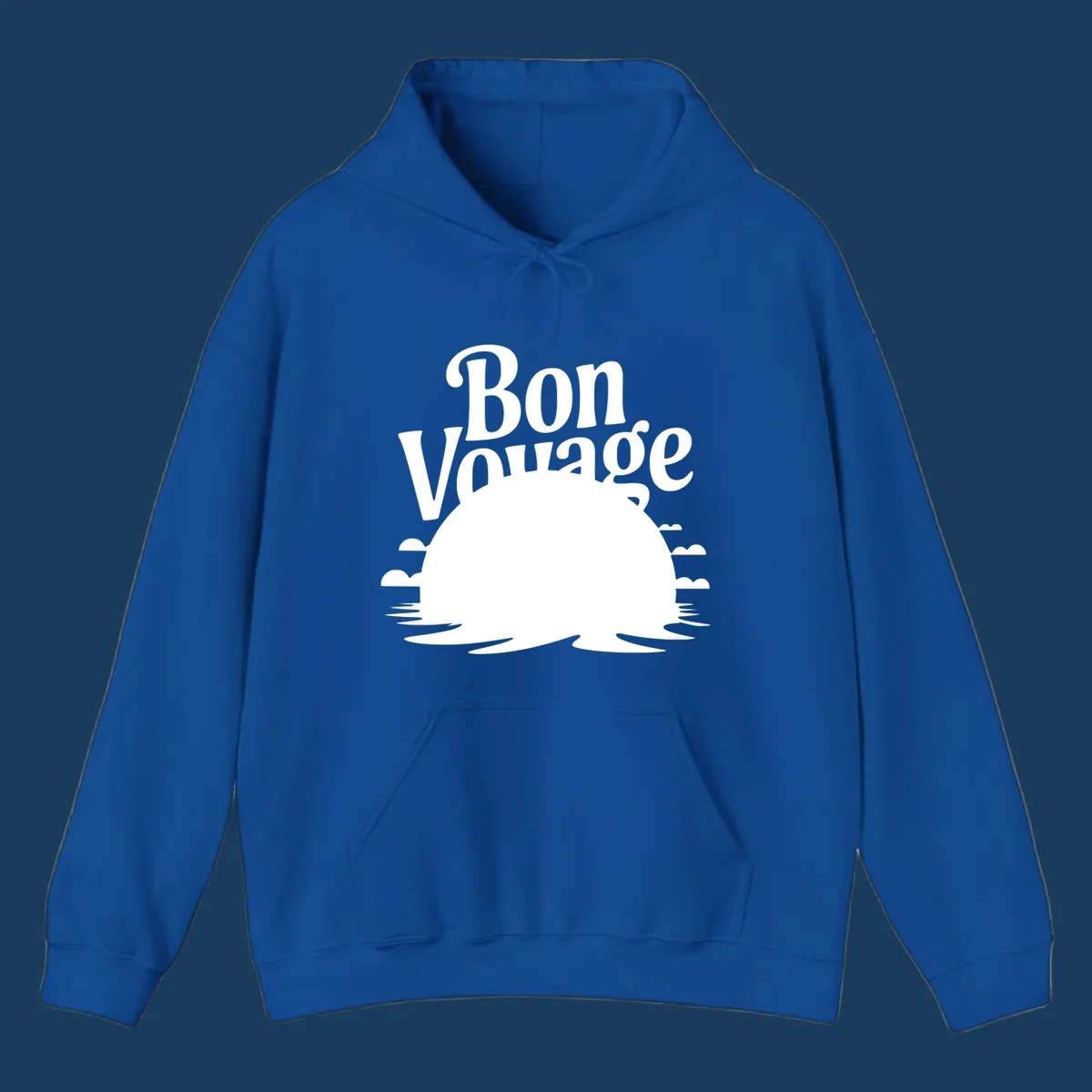 Bon Voyage cruise ship sailing into a sunset illustration.