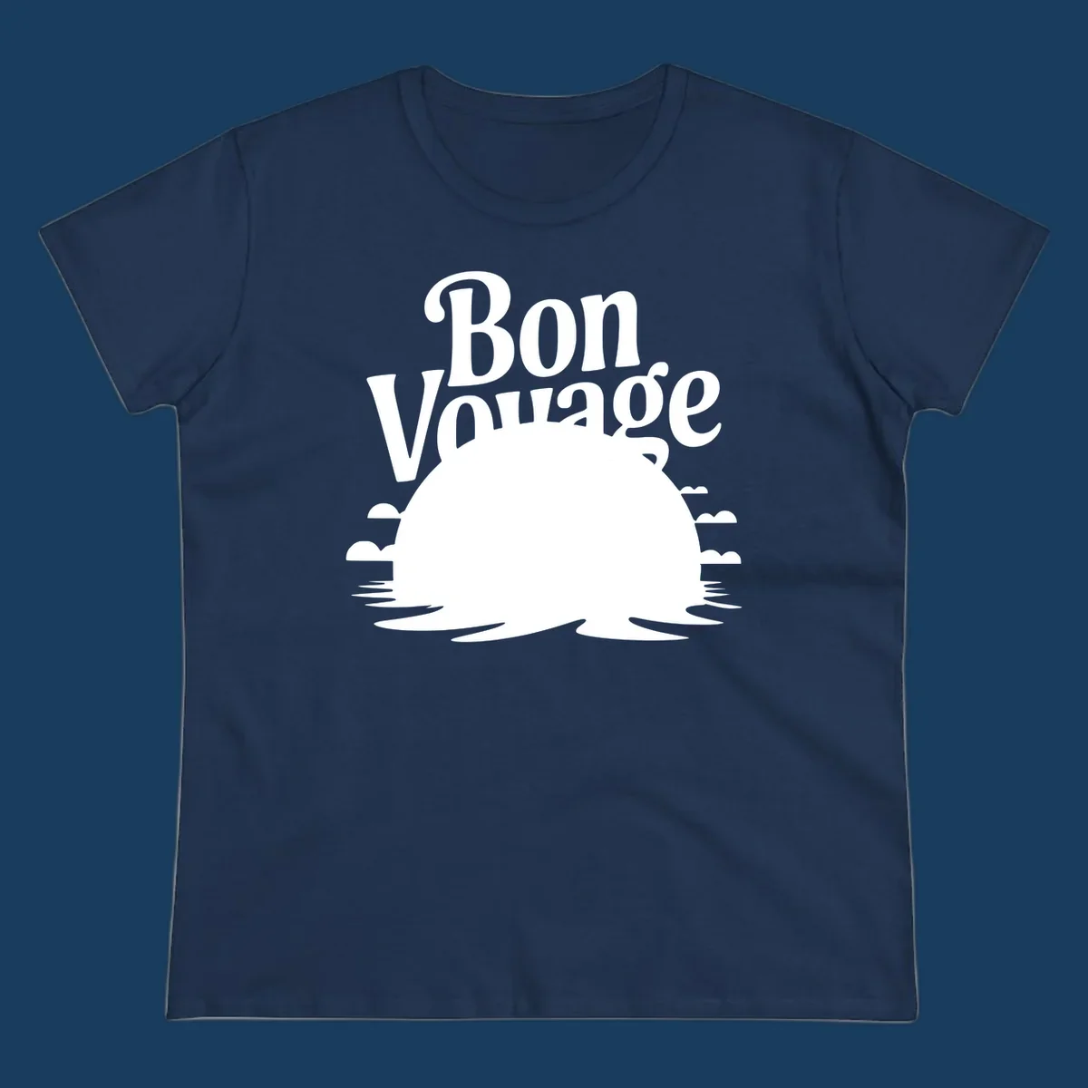 Bon Voyage cruise ship sailing into a sunset illustration.