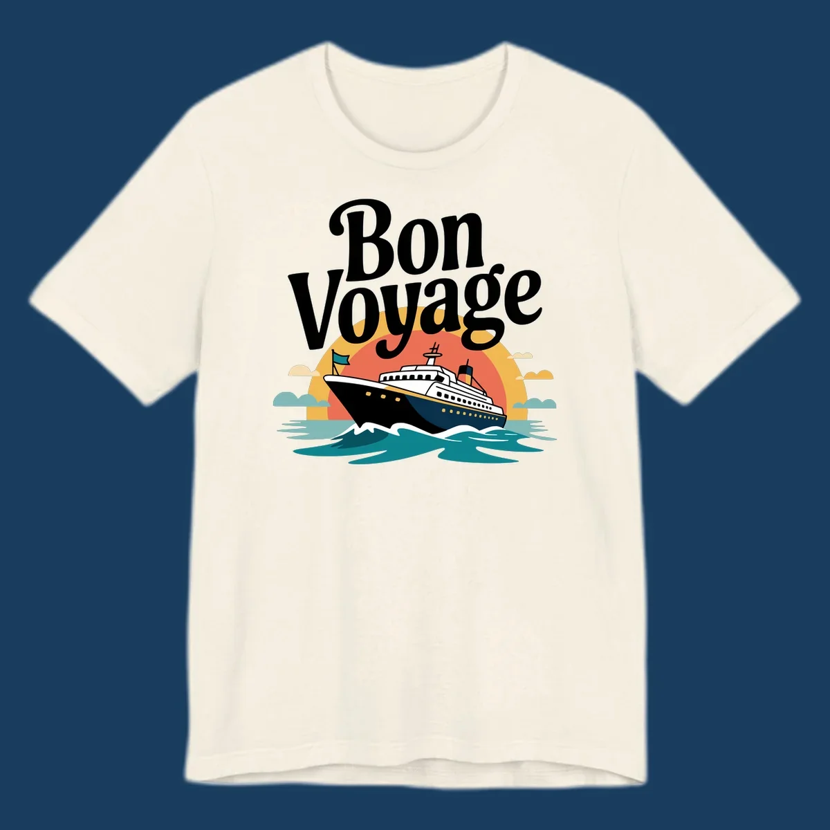 Bon Voyage cruise ship sailing into a sunset illustration.