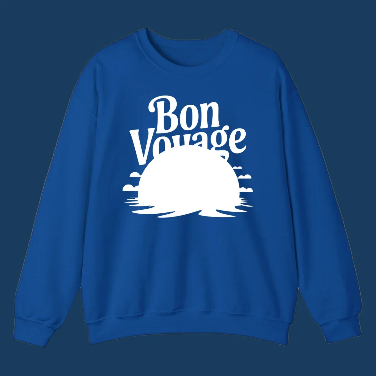 Bon Voyage cruise ship sailing into a sunset illustration.