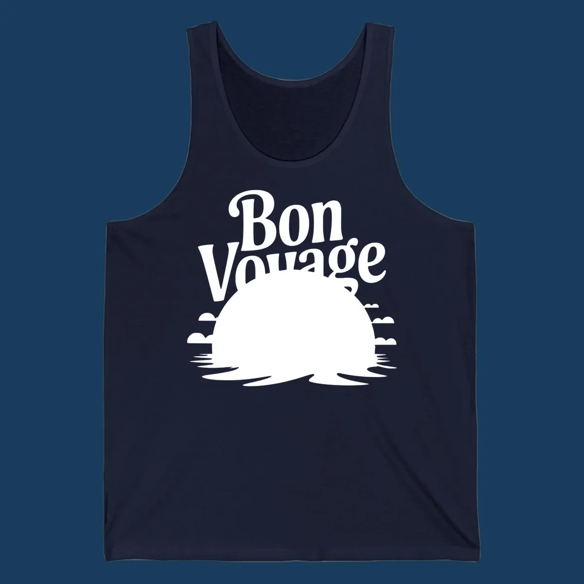 Bon Voyage cruise ship sailing into a sunset illustration.