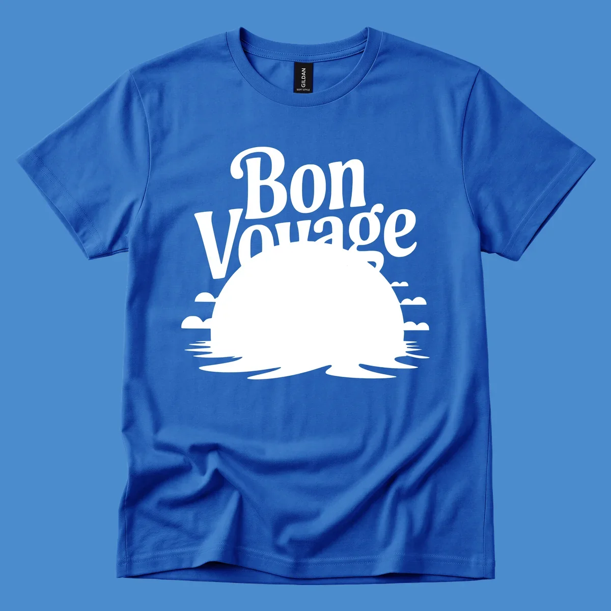 Bon Voyage cruise ship sailing into a sunset illustration.