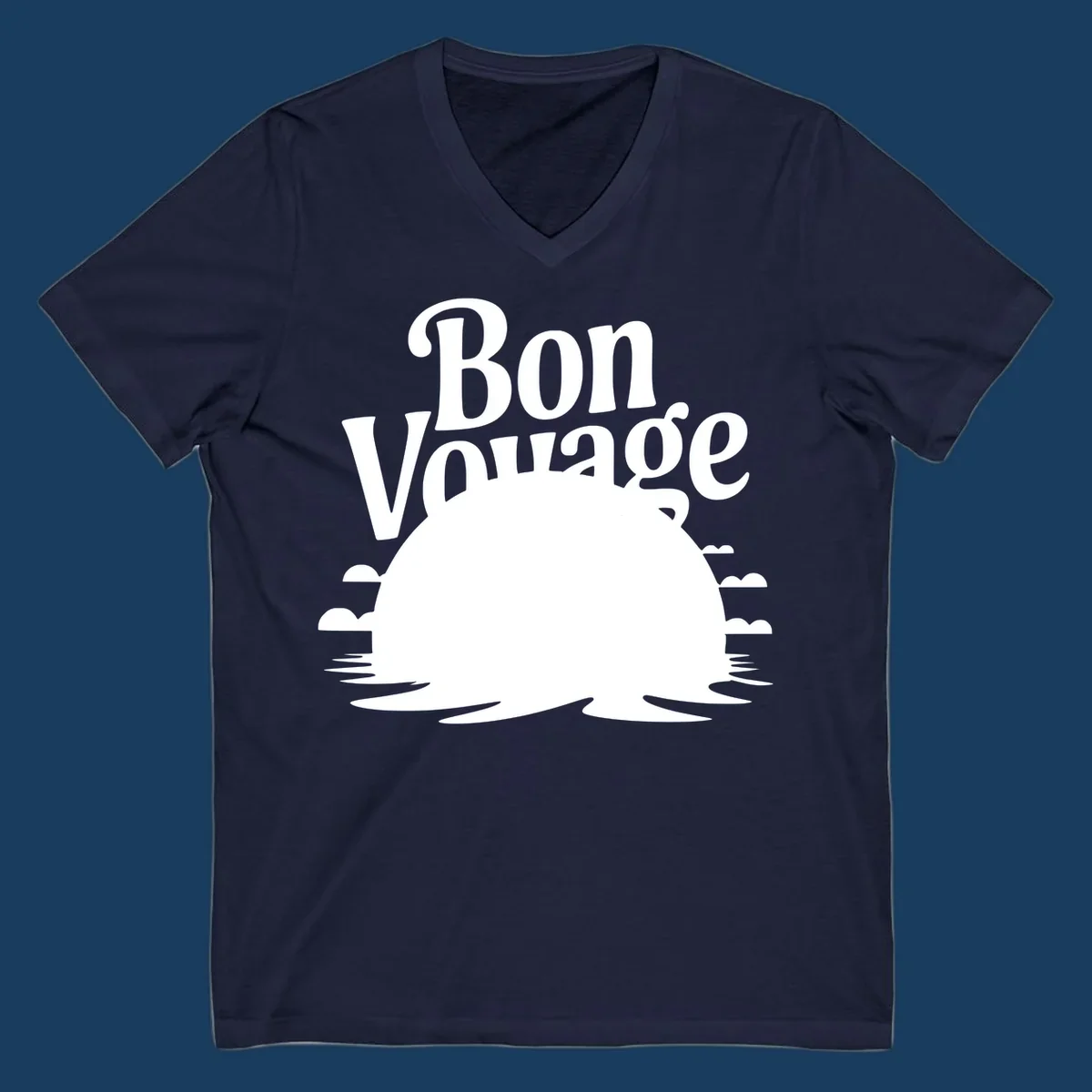 Bon Voyage cruise ship sailing into a sunset illustration.