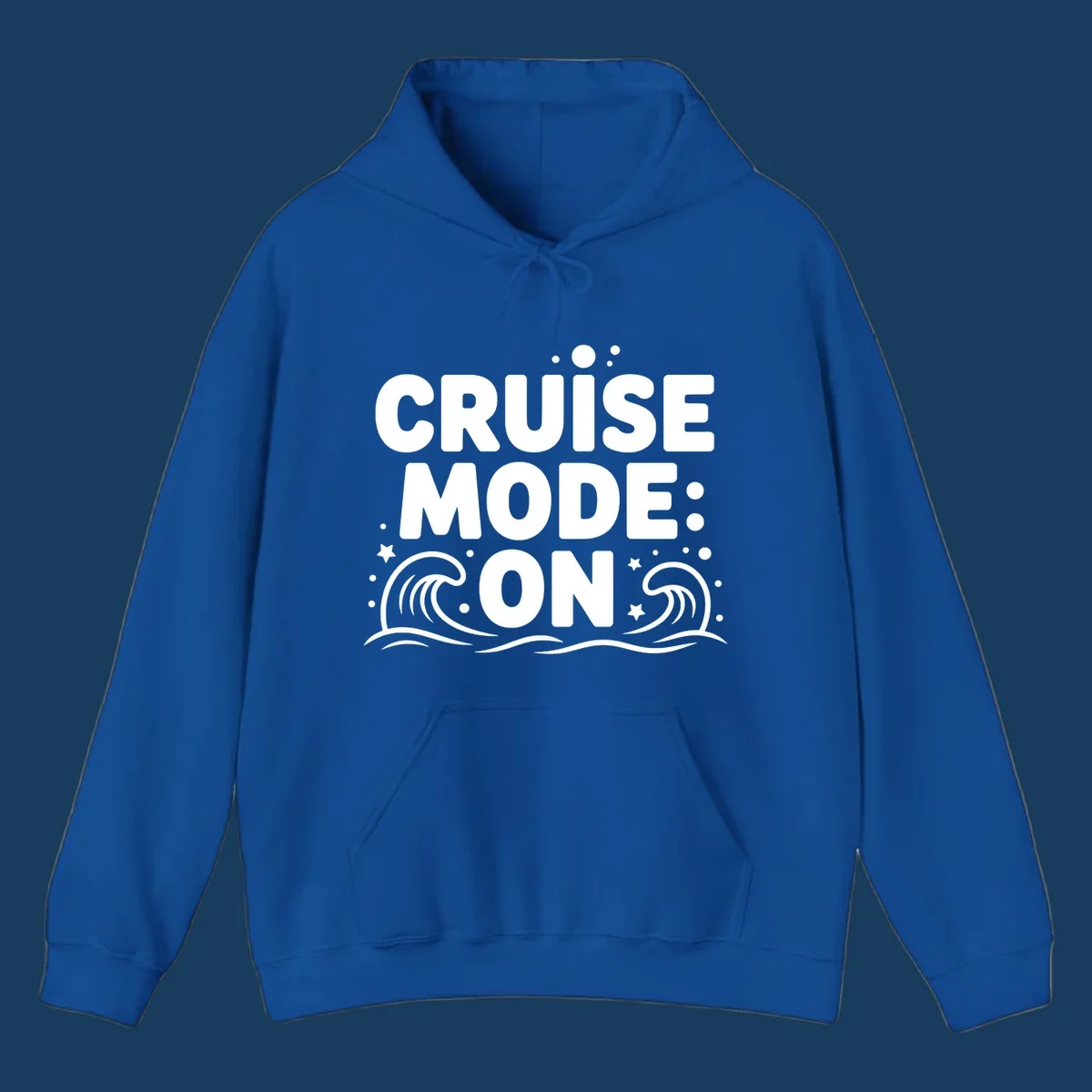 Cruise Mode On text with ocean waves and stars graphic