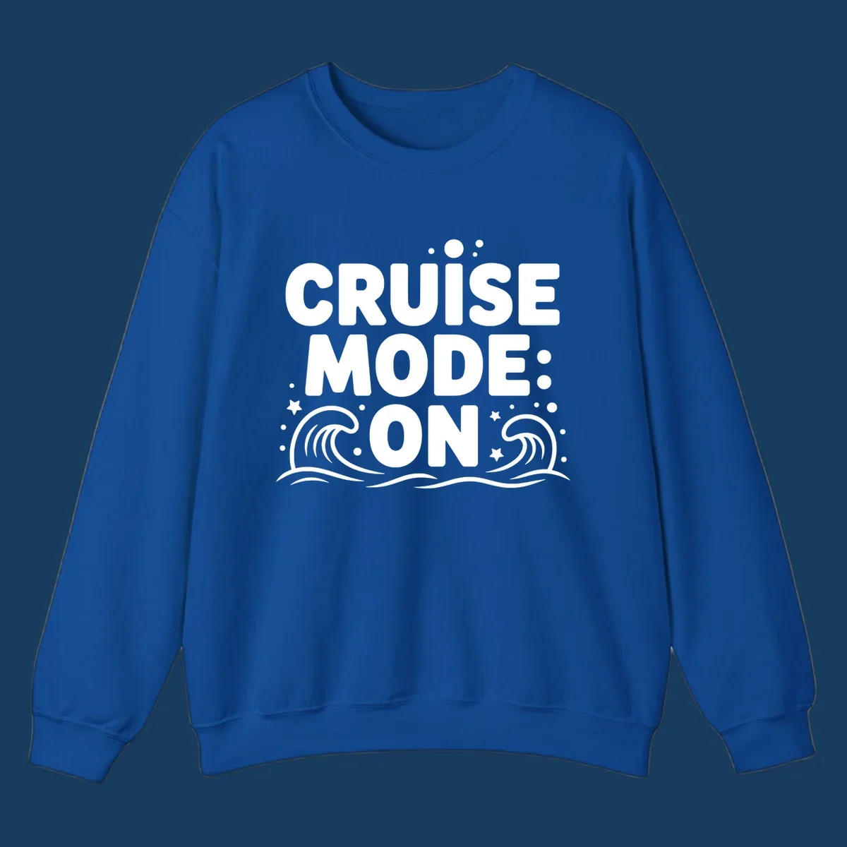 Cruise Mode On text with ocean waves and stars graphic