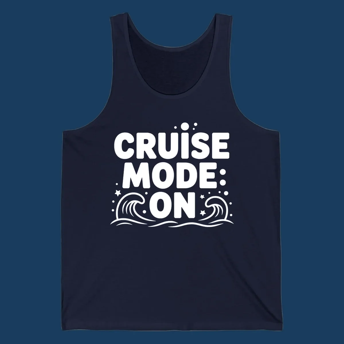 Cruise Mode On text with ocean waves and stars graphic