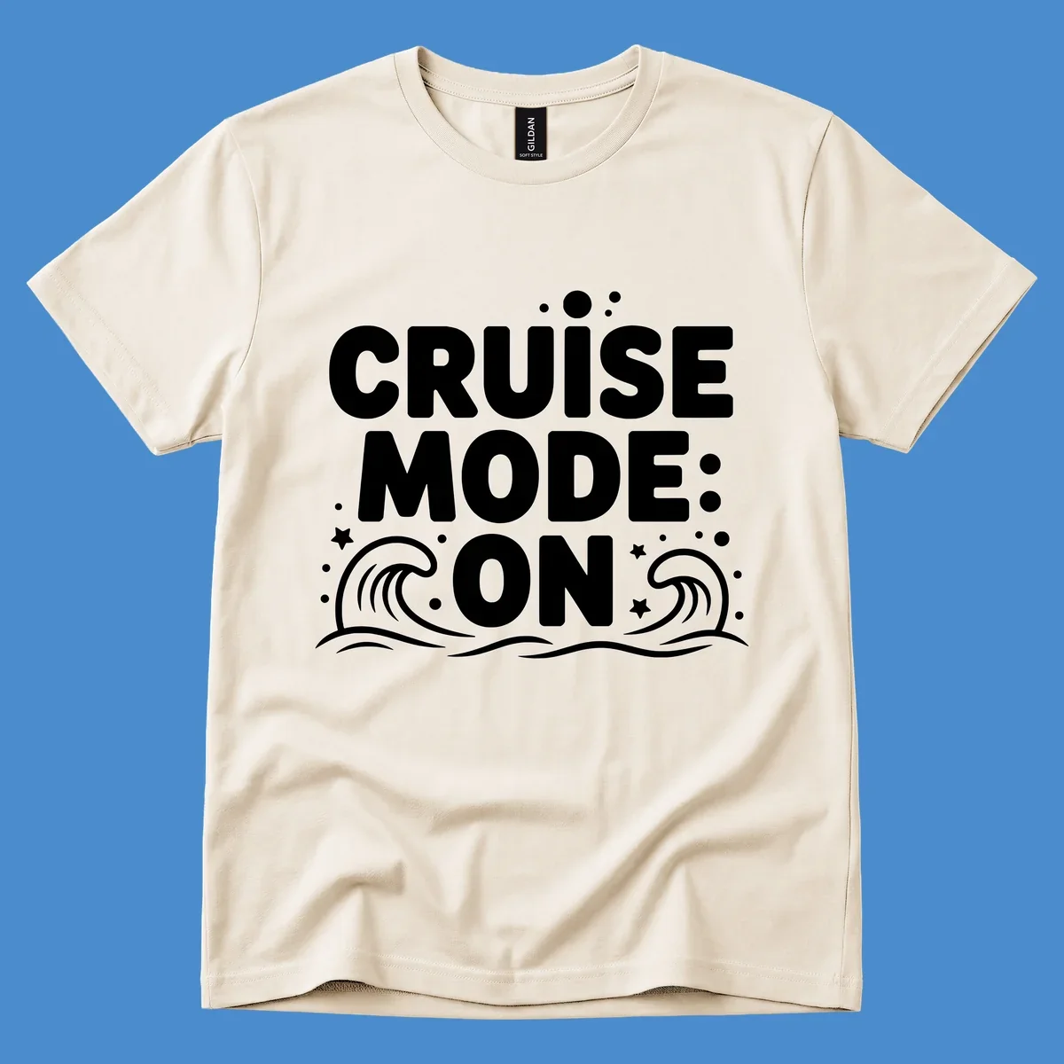 Cruise Mode On text with ocean waves and stars graphic