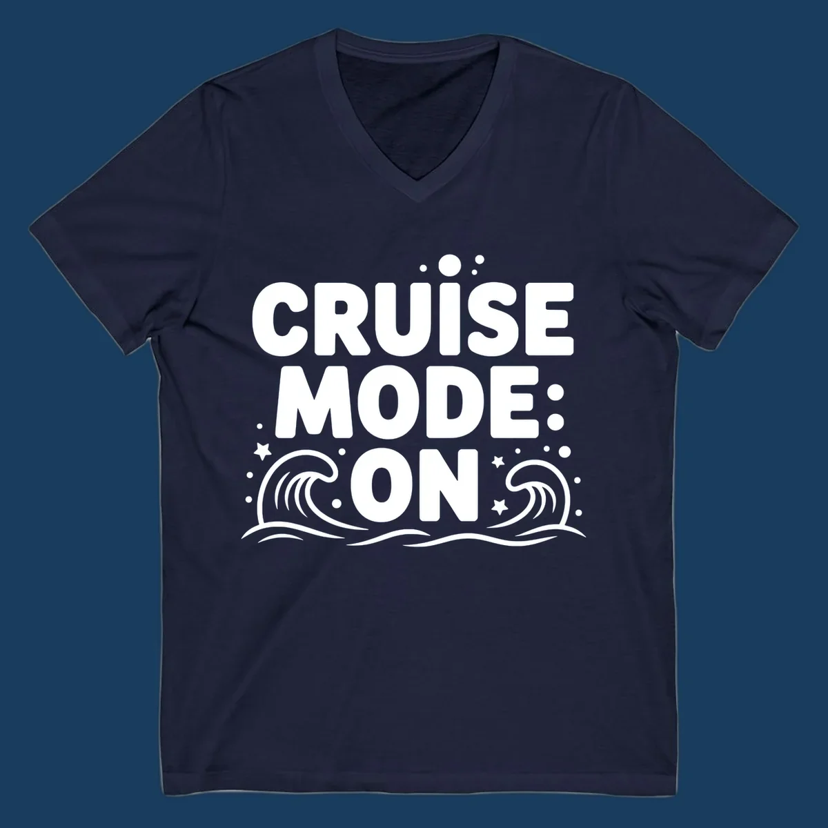 Cruise Mode On text with ocean waves and stars graphic
