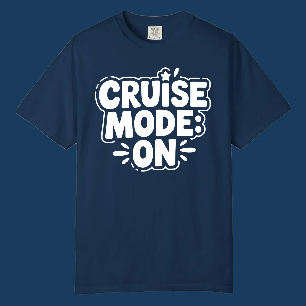 Cruise mode on text with star and splatter graphics.