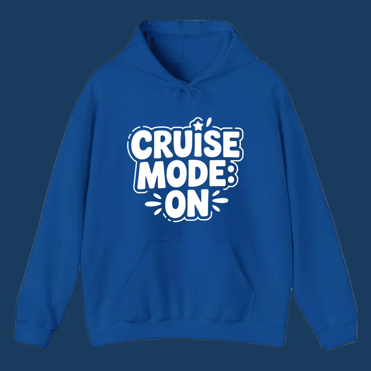 Cruise mode on text with star and splatter graphics.