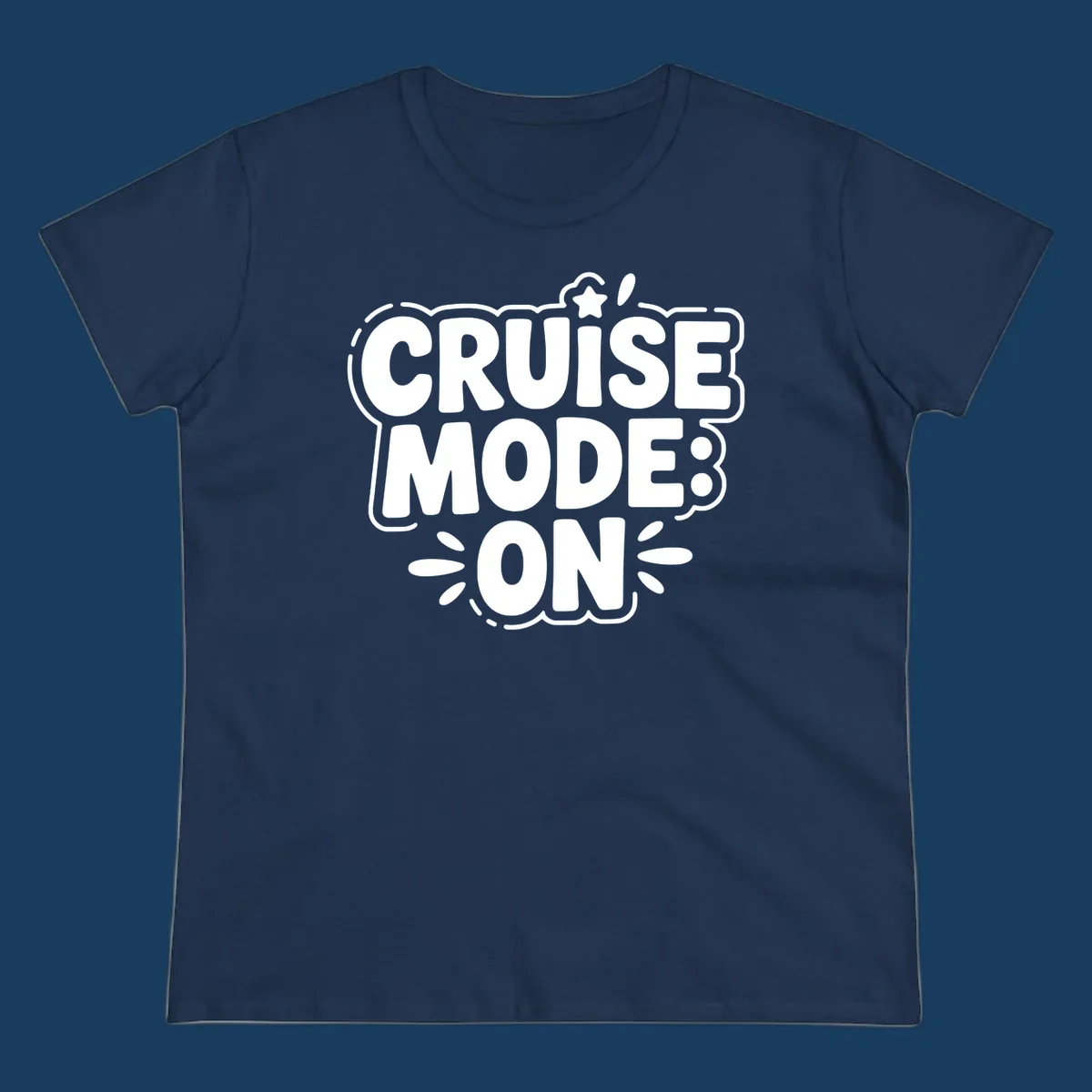 Cruise mode on text with star and splatter graphics.