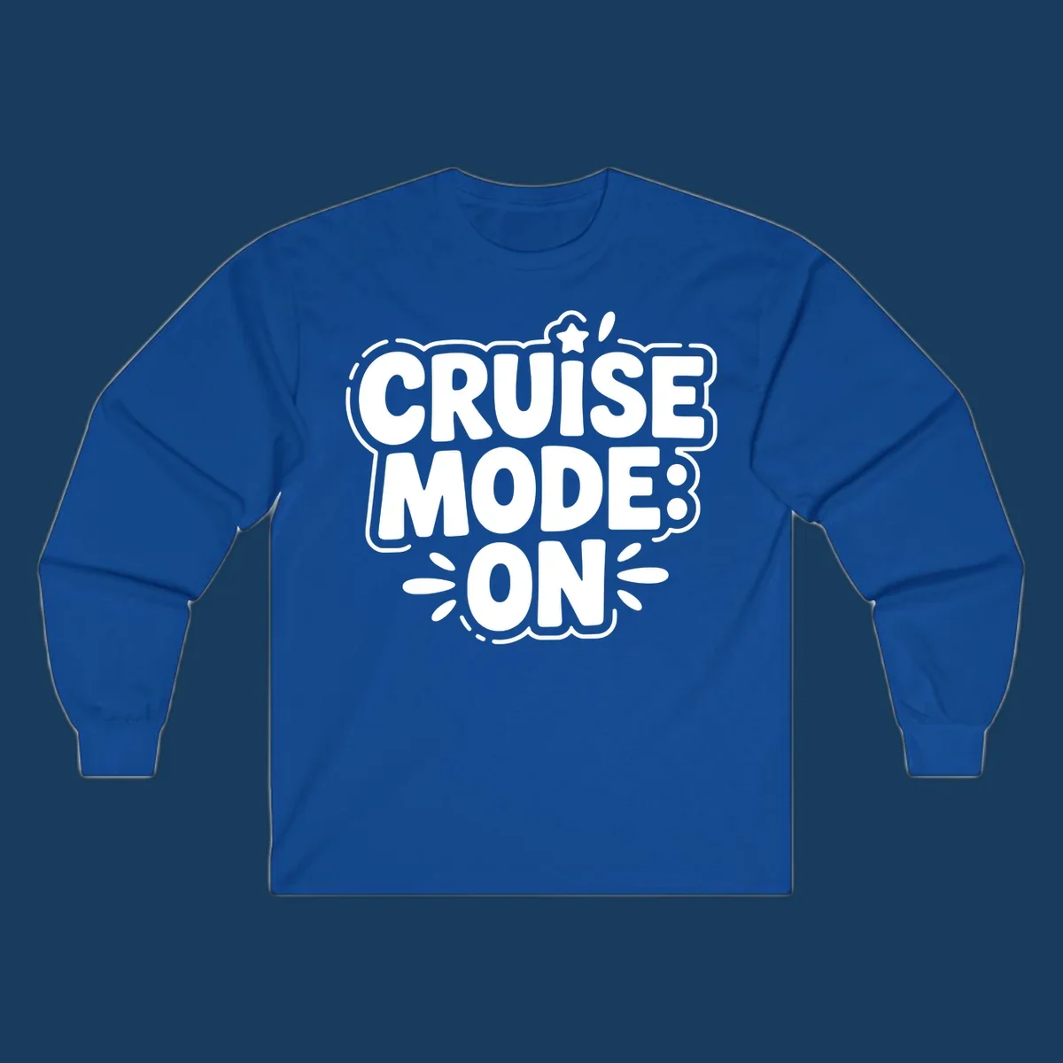 Cruise mode on text with star and splatter graphics.