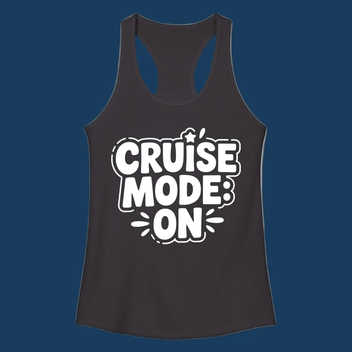 Cruise mode on text with star and splatter graphics.