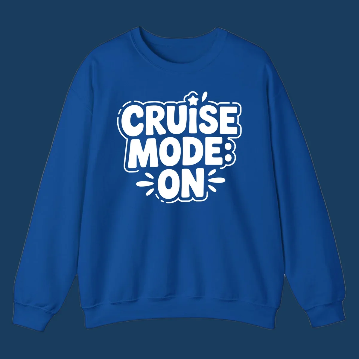 Cruise mode on text with star and splatter graphics.