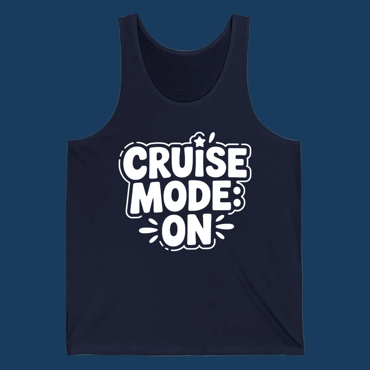 Cruise mode on text with star and splatter graphics.