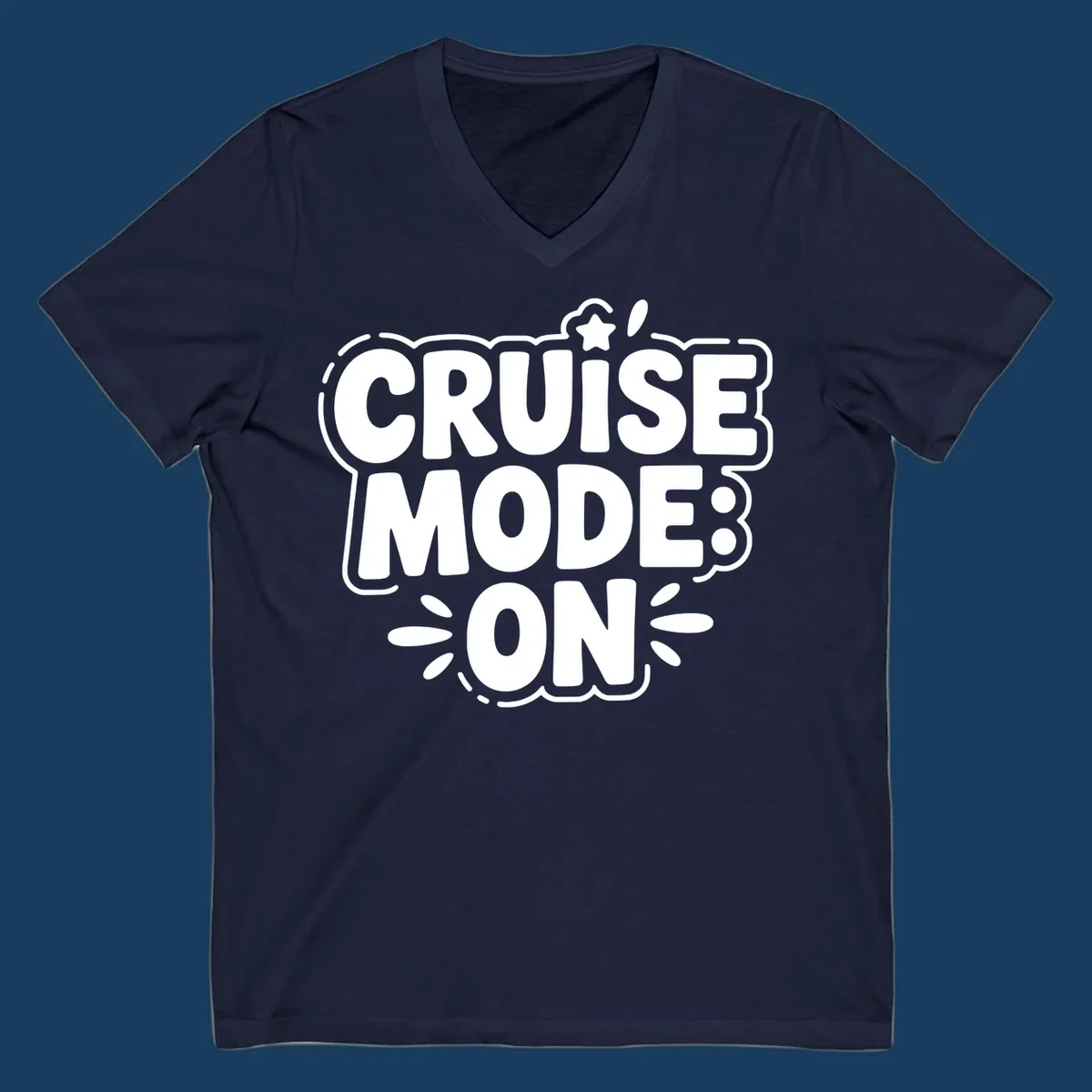 Cruise mode on text with star and splatter graphics.