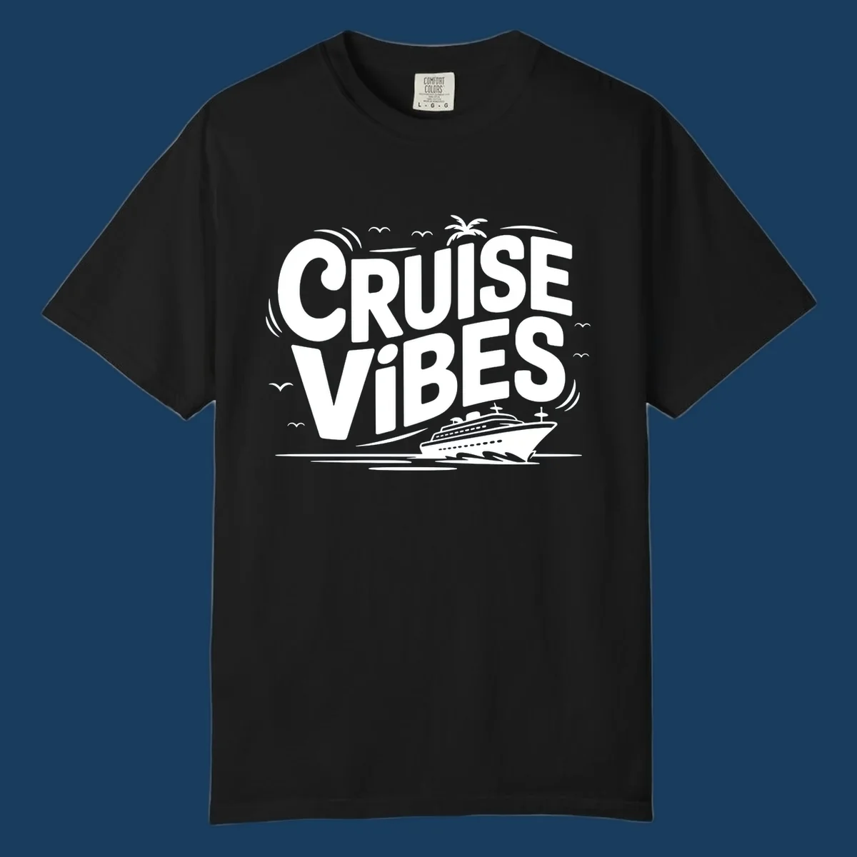 Cruise vibes tropical vacation design with text, cruise ship, palm tree, and birds.