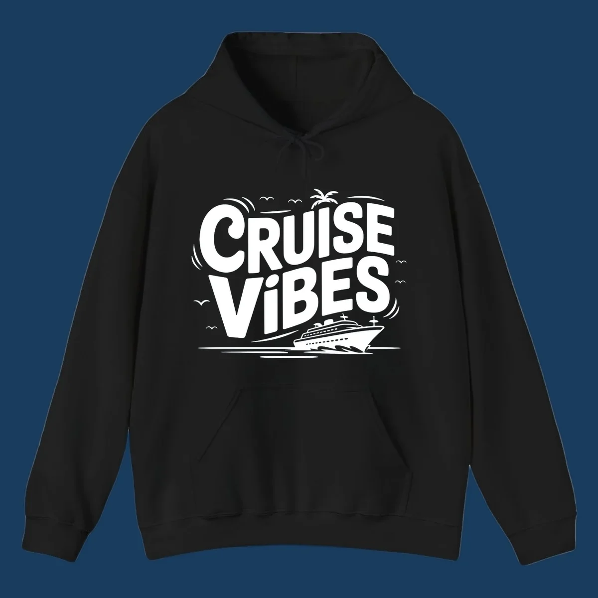 Cruise vibes tropical vacation design with text, cruise ship, palm tree, and birds.