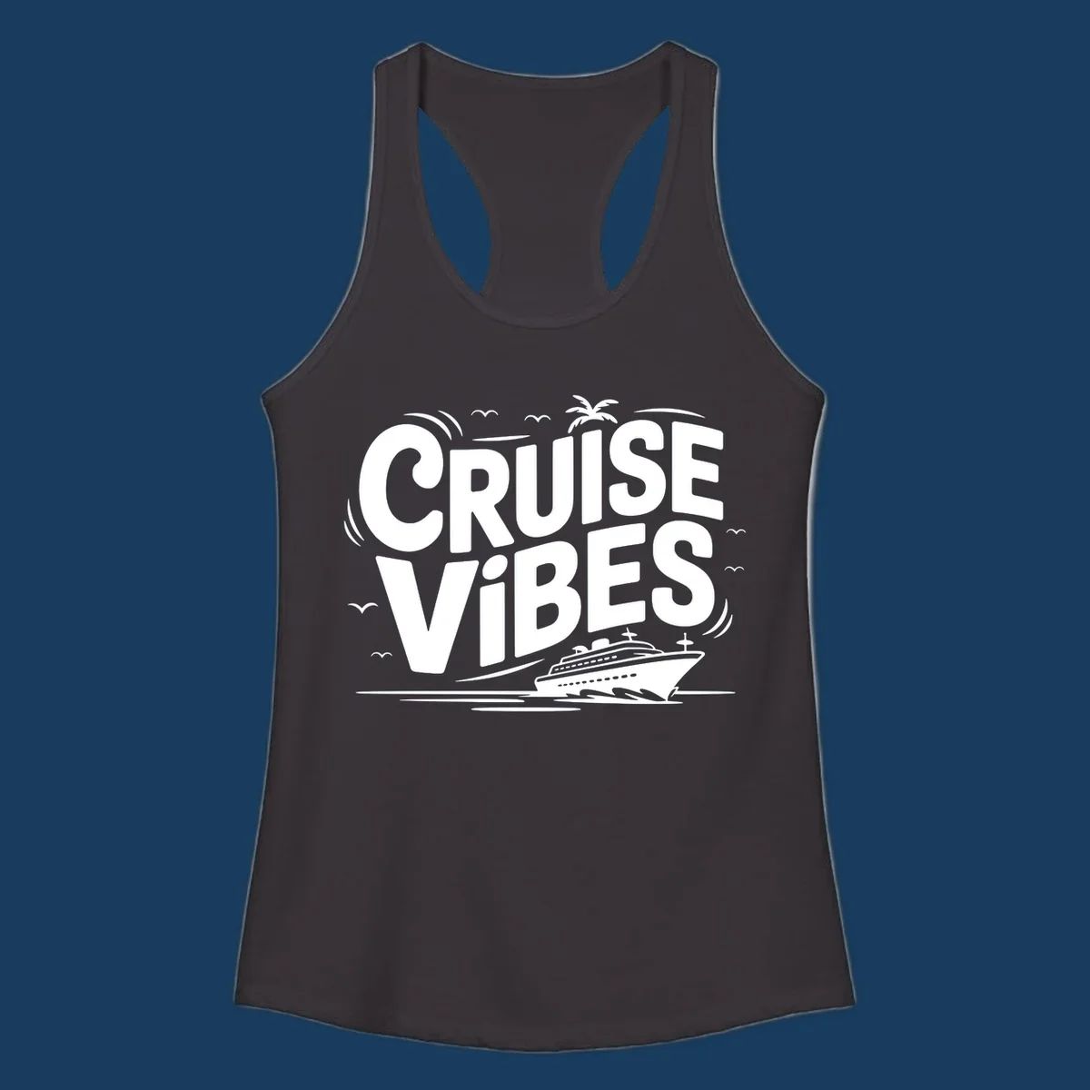 Cruise vibes tropical vacation design with text, cruise ship, palm tree, and birds.