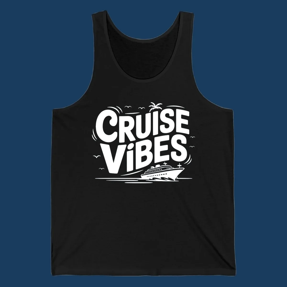 Cruise vibes tropical vacation design with text, cruise ship, palm tree, and birds.