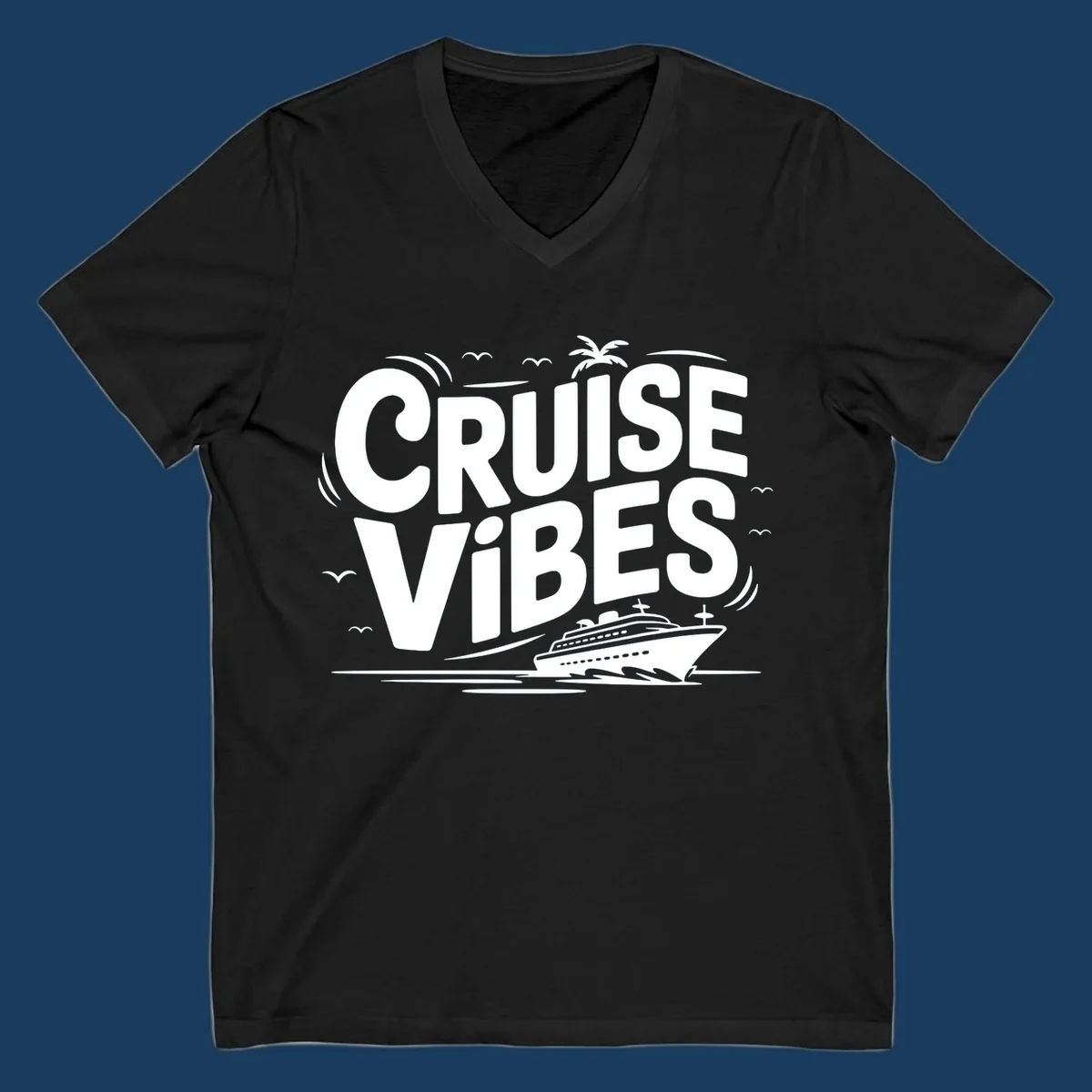 Cruise vibes tropical vacation design with text, cruise ship, palm tree, and birds.