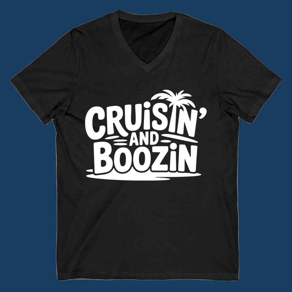 Cruisin' and Boozin' text with a palm tree silhouette, perfect for cruise apparel.