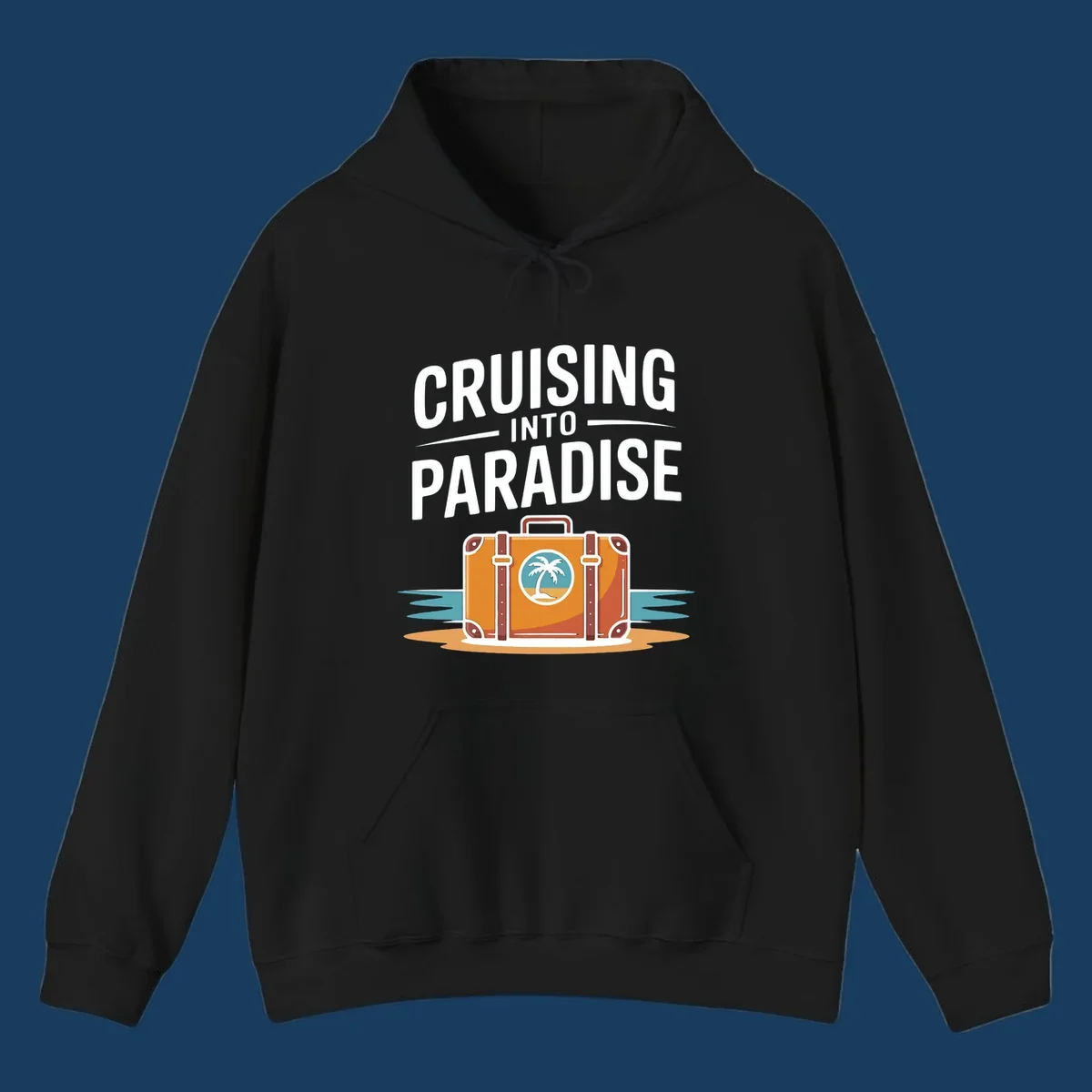 Cruising into paradise text with a suitcase and tropical island graphic for cruise vacation shirts.