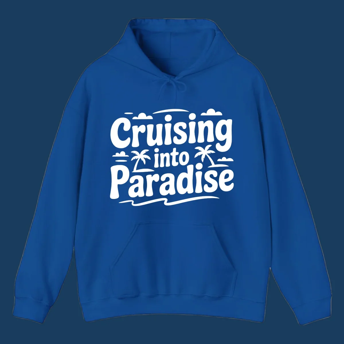 Cruising into paradise text with palm trees, clouds, and waves