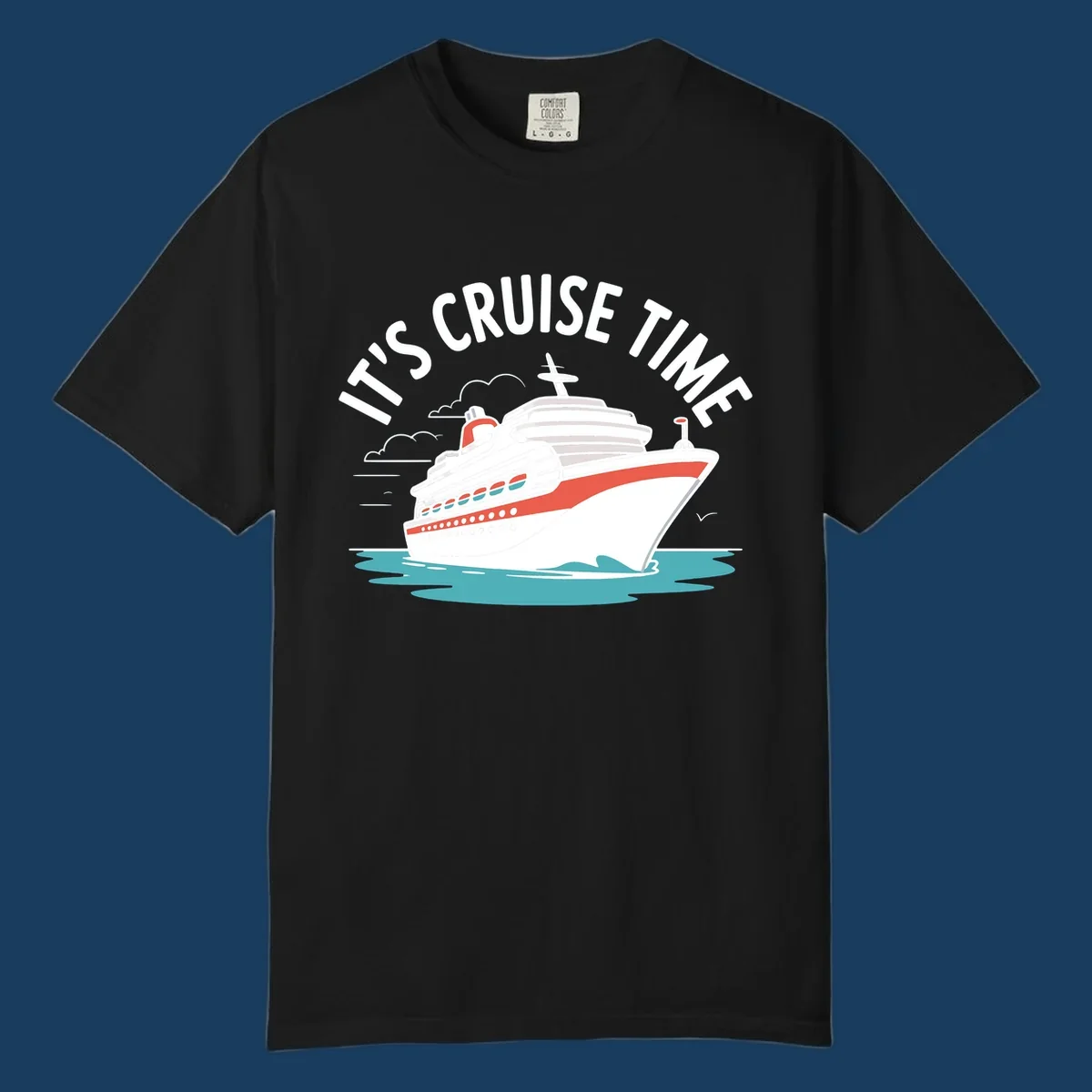 Illustration of a cruise ship sailing on waves with text 'IT'S CRUISE TIME' above it.