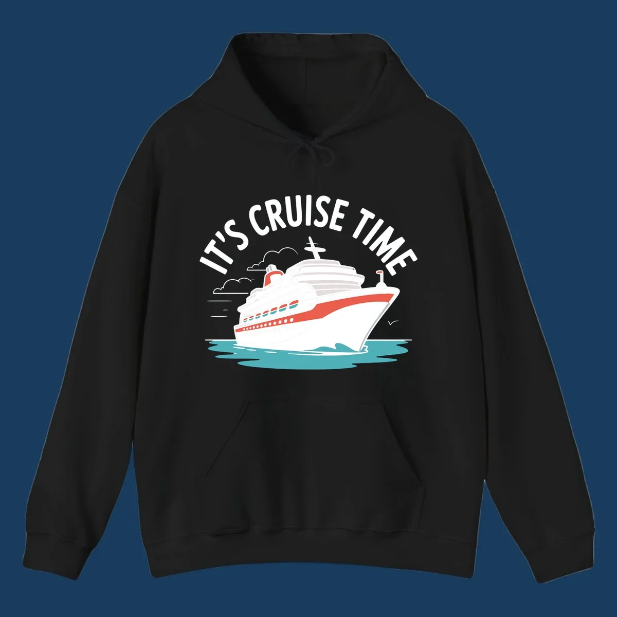 Illustration of a cruise ship sailing on waves with text 'IT'S CRUISE TIME' above it.
