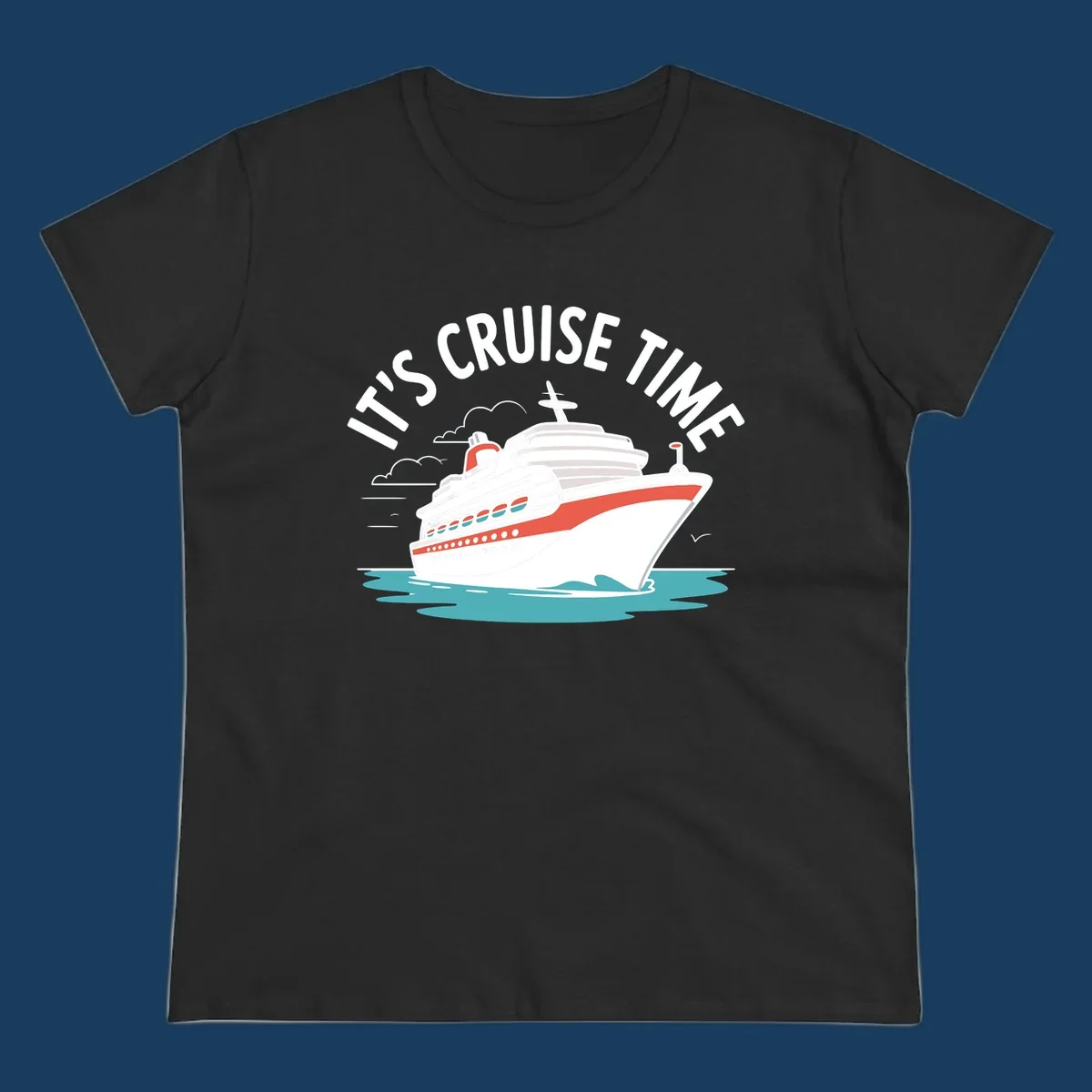 Illustration of a cruise ship sailing on waves with text 'IT'S CRUISE TIME' above it.