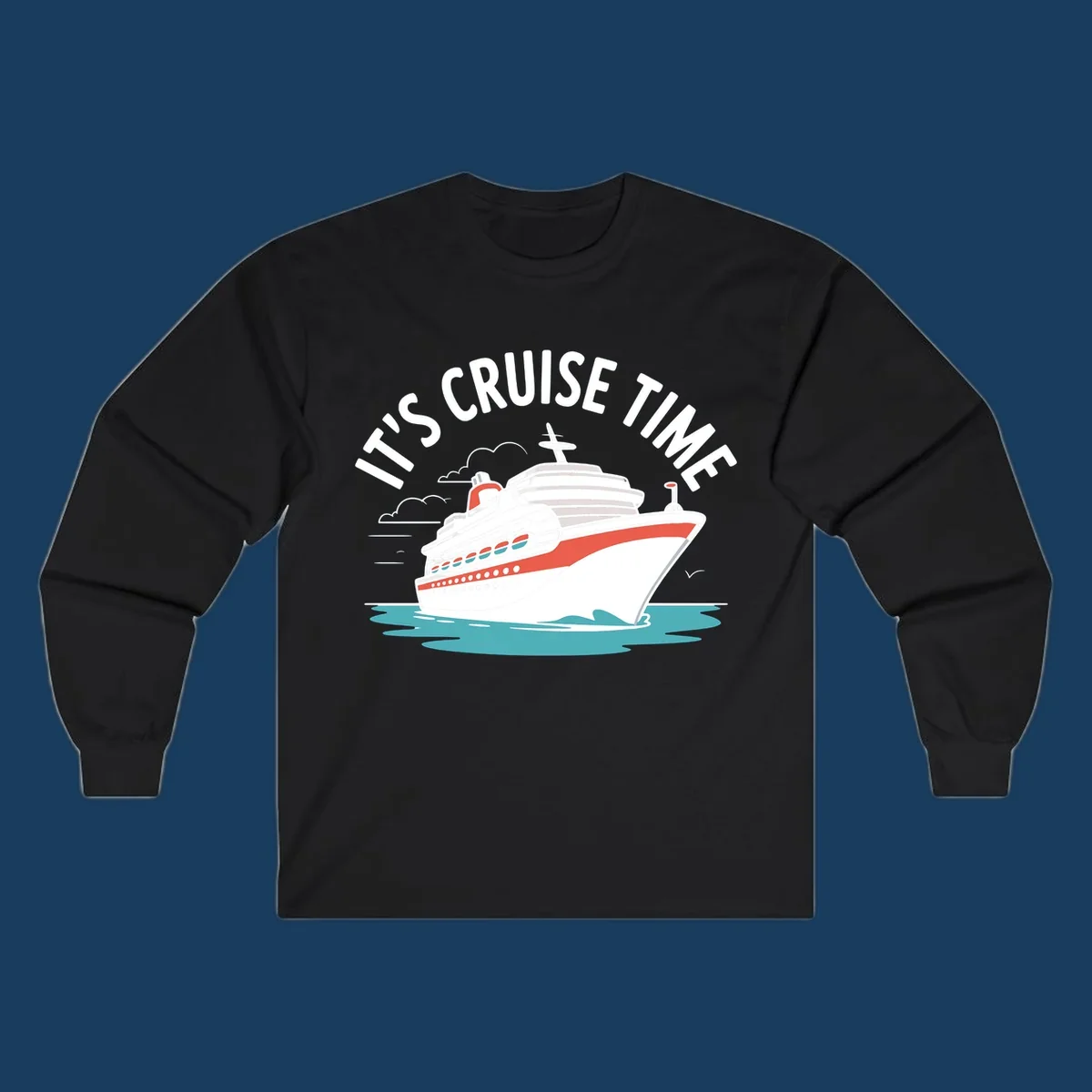 Illustration of a cruise ship sailing on waves with text 'IT'S CRUISE TIME' above it.