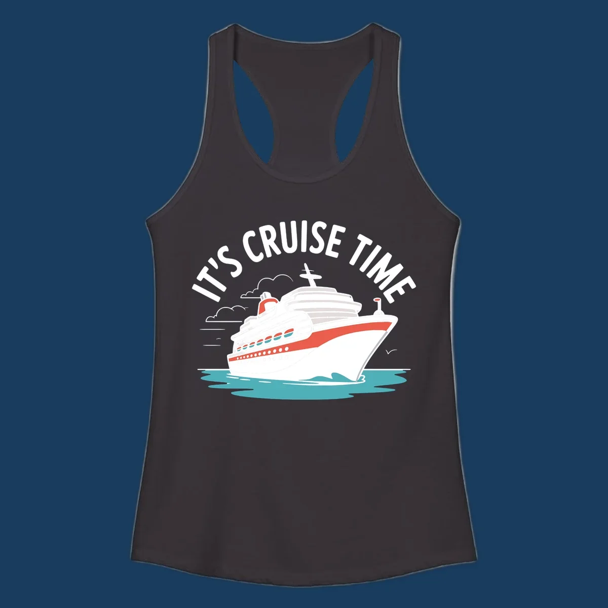 Illustration of a cruise ship sailing on waves with text 'IT'S CRUISE TIME' above it.