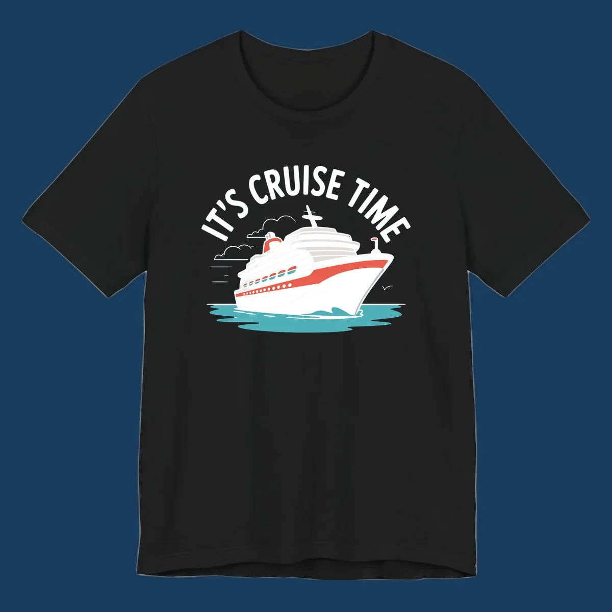 Illustration of a cruise ship sailing on waves with text 'IT'S CRUISE TIME' above it.
