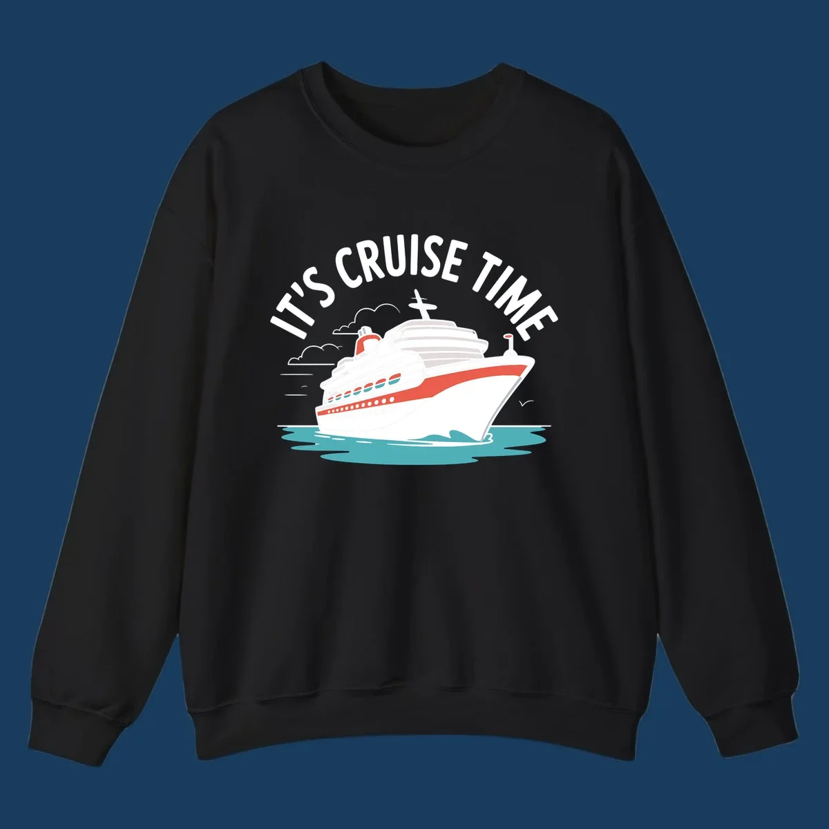 Illustration of a cruise ship sailing on waves with text 'IT'S CRUISE TIME' above it.