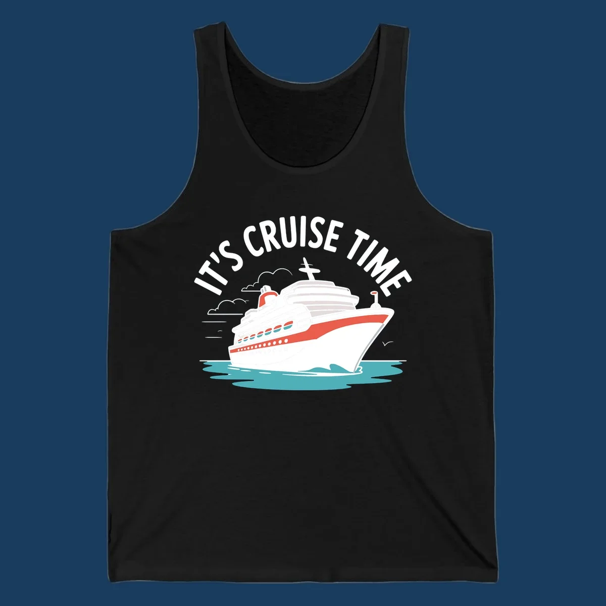 Illustration of a cruise ship sailing on waves with text 'IT'S CRUISE TIME' above it.