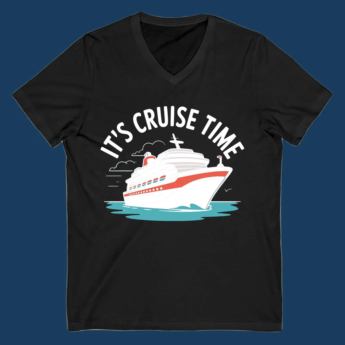 Illustration of a cruise ship sailing on waves with text 'IT'S CRUISE TIME' above it.