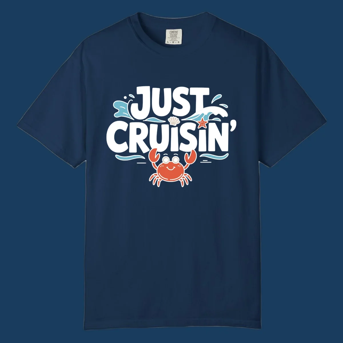 Just Cruisin crab design with waves, seashell, and starfish. Funny cruise vacation theme.