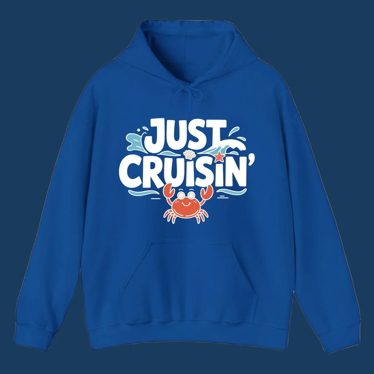 Just Cruisin crab design with waves, seashell, and starfish. Funny cruise vacation theme.