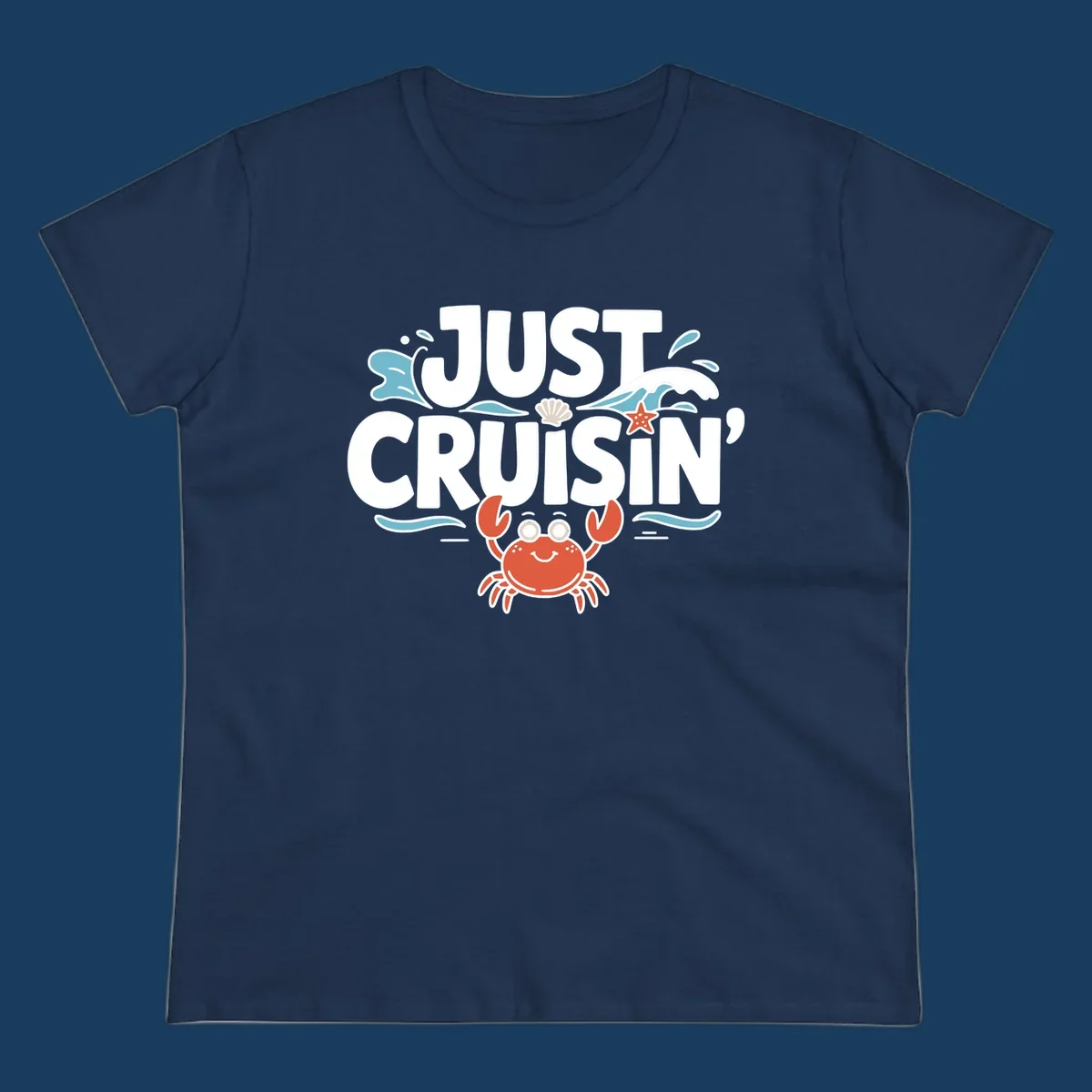 Just Cruisin crab design with waves, seashell, and starfish. Funny cruise vacation theme.