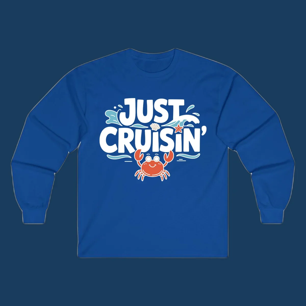 Just Cruisin crab design with waves, seashell, and starfish. Funny cruise vacation theme.