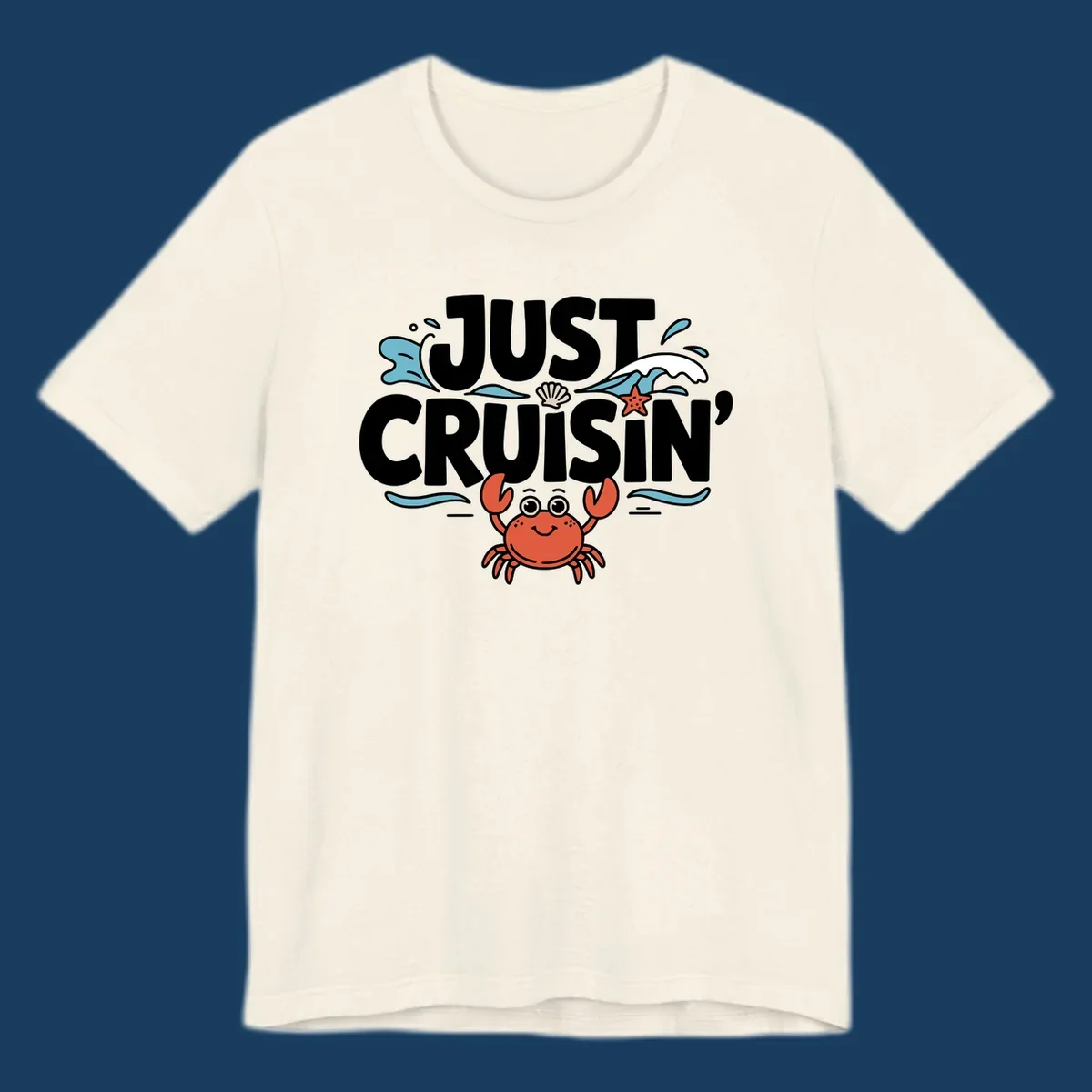 Just Cruisin crab design with waves, seashell, and starfish. Funny cruise vacation theme.