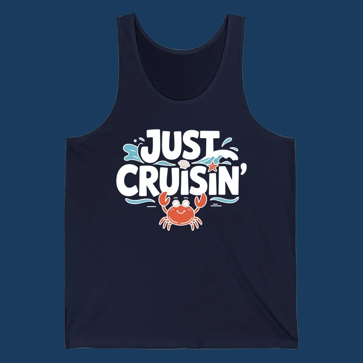 Just Cruisin crab design with waves, seashell, and starfish. Funny cruise vacation theme.
