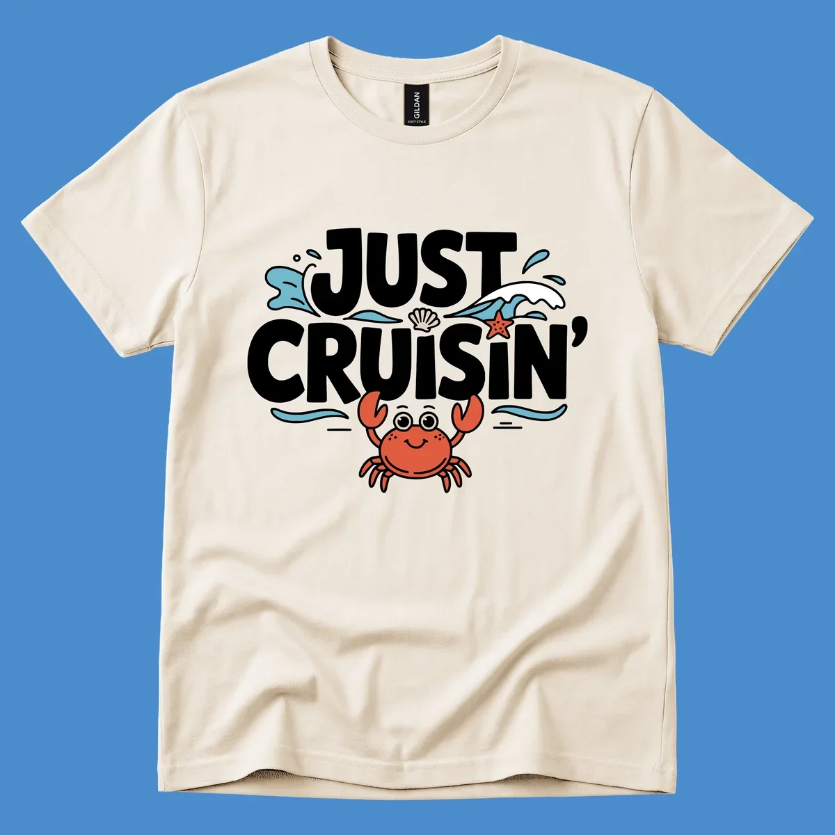 Just Cruisin crab design with waves, seashell, and starfish. Funny cruise vacation theme.