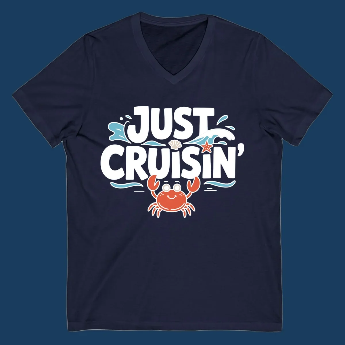 Just Cruisin crab design with waves, seashell, and starfish. Funny cruise vacation theme.