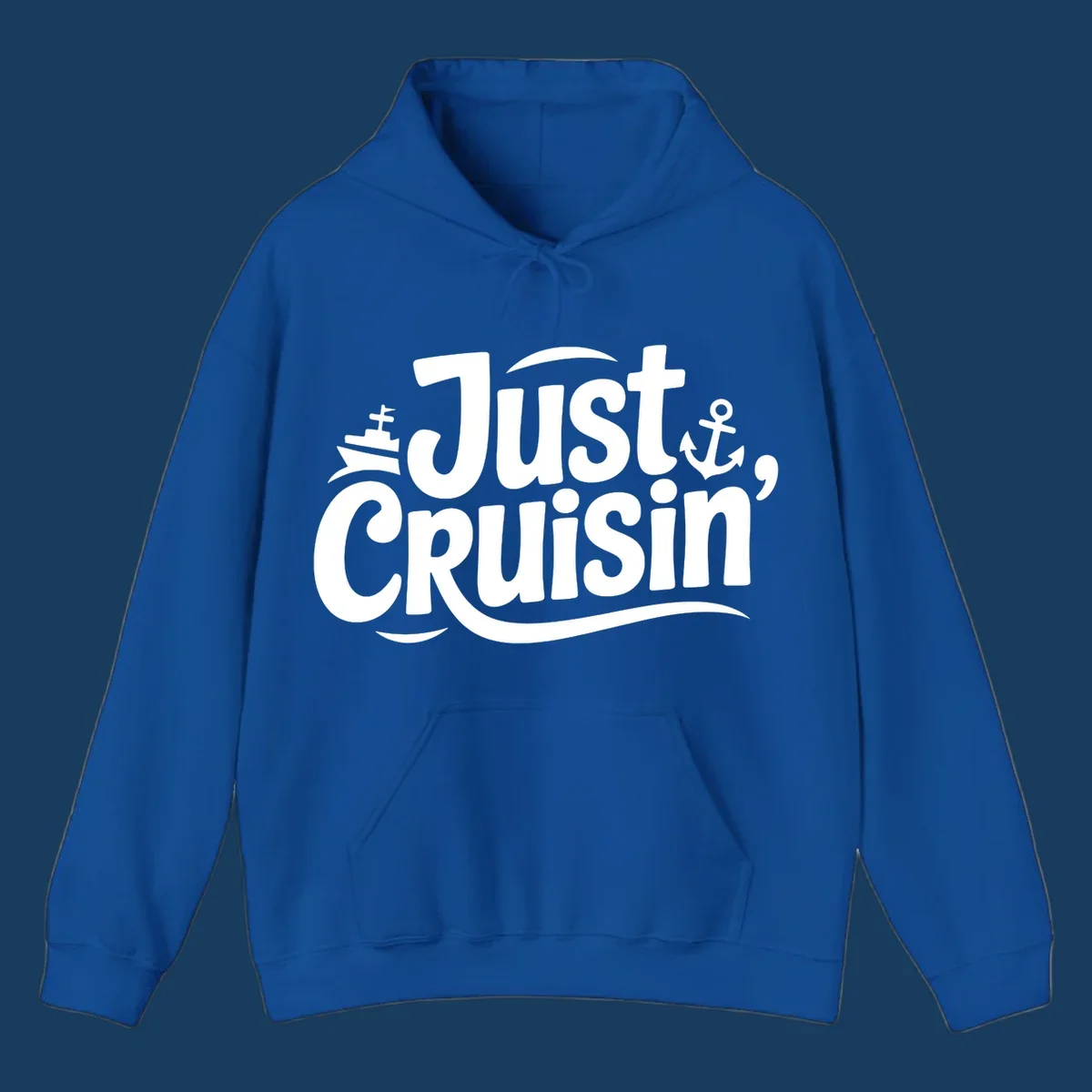 Just Cruisin' text with ship and anchor illustrations for a cruise vacation shirt.